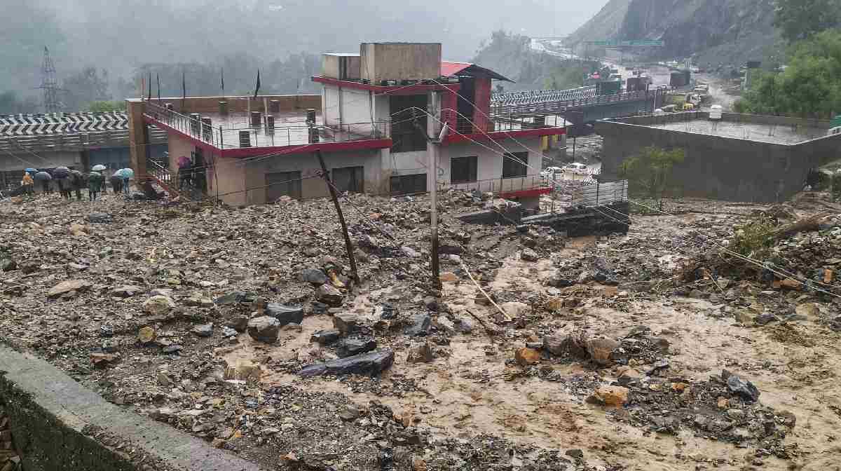 Debris after a rain-triggered landslide, in Ramban district of J&K