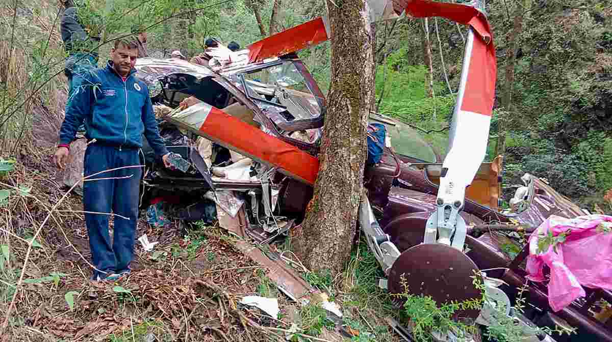 **EDS: RPT, EDITS CAPTION** Uttarkashi: Rescue and relief work underway after a helicopter carrying devotees to Gangotri Dham crashed at Gangani, in Uttarkashi district, Thursday, May 8, 2025. (PTI Photo) (PTI05_08_2025_RPM017B) 