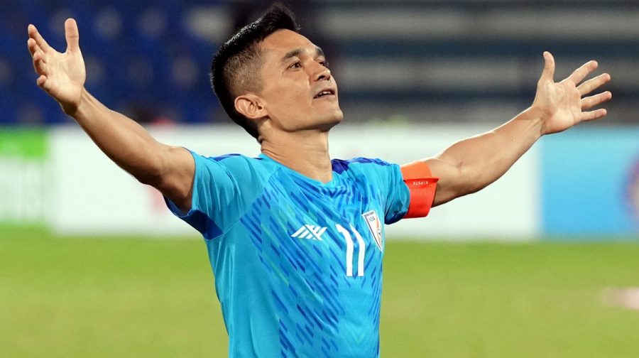 Bengaluru:  Indian Football Captain Sunil Chhetri celebrates after they won in penalty shoot out during the 2nd semifinal  of SAFF Championship 2023  between India vs Lebanon at Kanteerava Stadium in Bengaluru, Saturday, July 1, 2023. (PTI Photo/Shailendra Bhojak)(PTI07_01_2023_000326A)