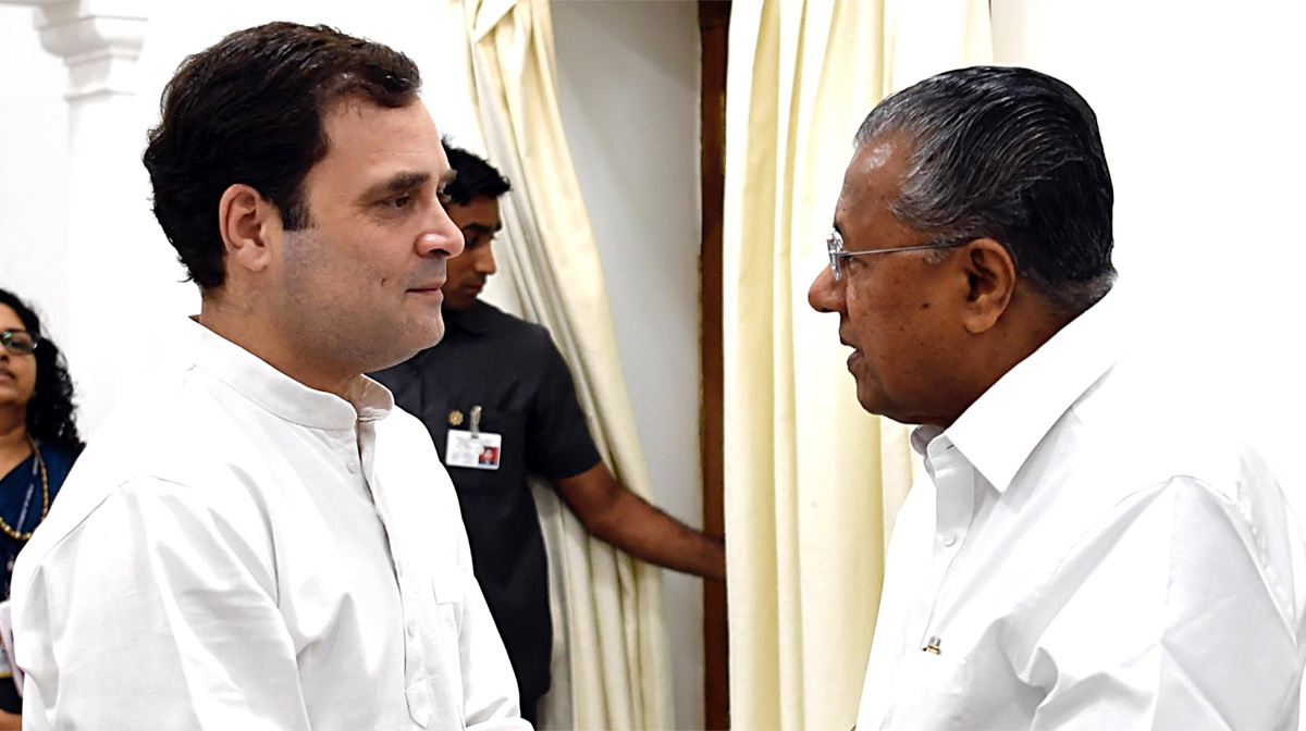 കോൺഗ്രസ് നേതാവും എംപിയുമായ രാഹുൽ ഗാന്ധിയുമായി 2019ല്‍ ഡൽഹിയിലെ കൊച്ചിൻ ഹൗസിൽ മുഖ്യമന്ത്രി പിണറായി വിജയനുമായി കൂടിക്കാഴ്ച നടത്തിയപ്പോള്‍ (ഫയല്‍ ചിത്രം)