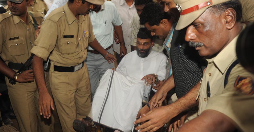PDP Chairman Abdul Nazer Madani being brought to Additional chief metropolitan majistrate court Bangalore . He was arrested in connection with Bangalore serial bomb blast case . 26 August 2010 . Photo by Russell Shahul . 