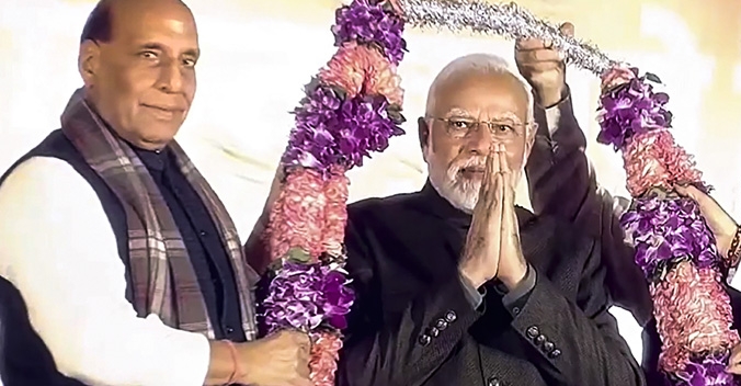 **EDS: VIDEO GRAB VIA @JPNadda** New Delhi: Prime Minister Narendra Modi with BJP National President J.P. Nadda and Defence Minister Rajnath Singh during celebrations after party's victory in elections to the Legislative Assemblies of Madhya Pradesh, Rajasthan and Chhattisgarh, at BJP headquarters, in New Delhi, Sunday, Dec. 3, 2023. (PTI Photo)(PTI12_03_2023_000222B)