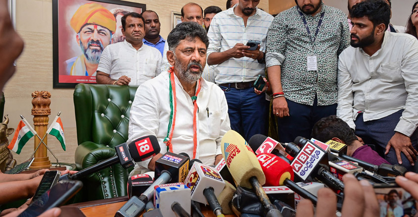 Bengaluru: Karnataka Congress President D.K. Shivakumar addresses the media at his residence in Bengaluru, Monday, May 15, 2023. (PTI Photo)(PTI05_15_2023_000143B)