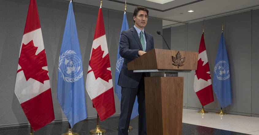 Canada Prime Minister Justin Trudeau speaks during a news conference at the Canadian Permanent Mission, in New York, Thursday, Sept. 21, 2023. (Adrian Wyld/The Canadian Press via AP)