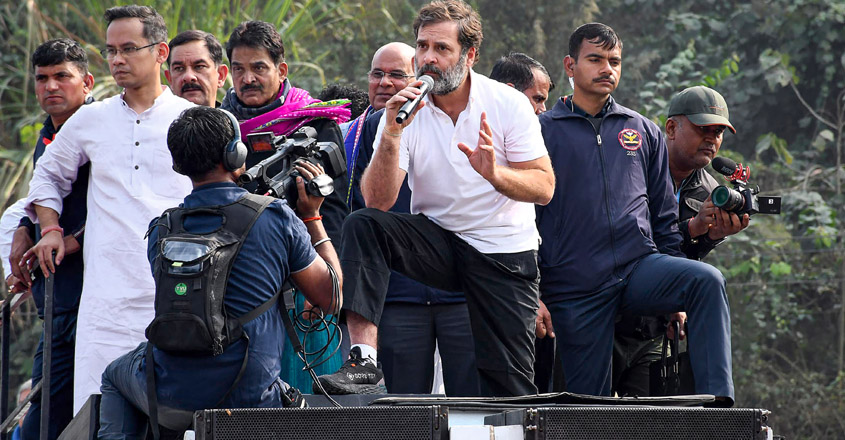 Guwahati: Congress leader Rahul Gandhi addresses supporters during the Bharat Jodo Nyay Yatra, in Guwahati, Assam, Tuesday, Jan. 23, 2024. (PTI Photo) (PTI01_23_2024_000092B)