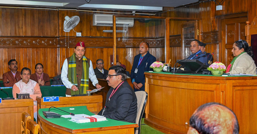 Dehradun: Uttarakhand Chief Minister Pushkar Singh Dhami speaks during a special session of the state assembly, in Uttarakhand, in Dehradun, Wednesday, Feb. 7, 2024. (PTI Photo) (PTI02_07_2024_000259B)