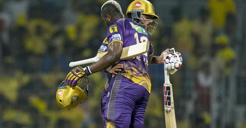 Chennai: Kolkata Knight Riders batters Nitish Rana and Andre Russell greet each other after winning their IPL 2023 cricket match against Chennai Super Kings, at M. A. Chidambaram Stadium, in Chennai, Sunday, May 14, 2023. Kolkata won by 6 wickets. (PTI Photo/R Senthil Kumar)(PTI05_14_2023_000392B)