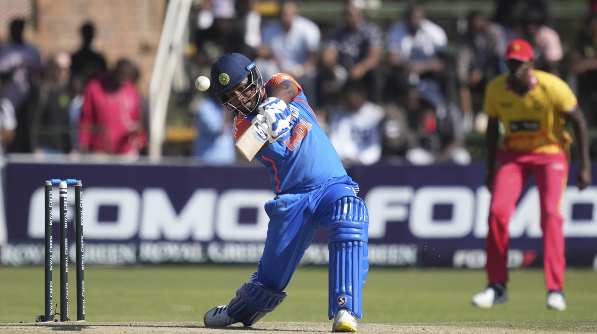 Indian batsman Sanju Samson in action during the T20 cricket match between Zimbabwe and India at the Harare Sports club, in Harare, Sunday, July 14, 2024. AP/PTI(AP07_14_2024_000201A)