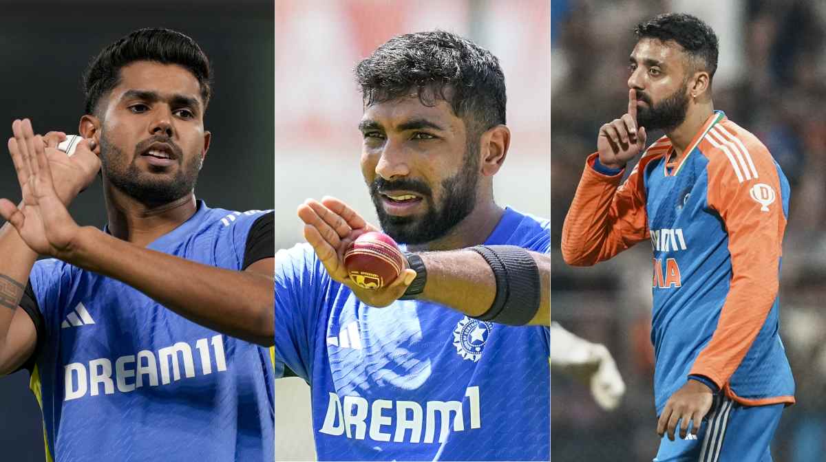 ഹര്‍ഷിത് റാണ (ഇടത്ത്), ബുംറ,  വരുണ്‍ ചക്രവര്‍ത്തി