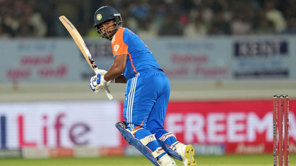 India's Sanju Samson bats during the Twenty20 cricket match between England and India in Rajkot, India, Tuesday, Jan. 28, 2025. (AP Photo/Ajit Solanki)