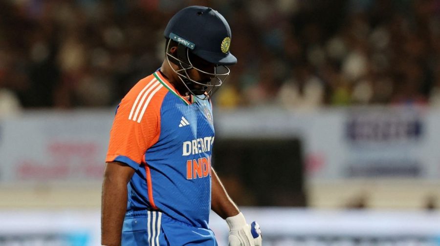 Cricket - Third T20 International - India v England - Saurashtra Cricket Association Stadium, Rajkot, India - January 28, 2025
India's Sanju Samson walks after losing his wicket, caught by England's Adil Rashid off the bowling of Jofra Archer REUTERS/Amit Dave
