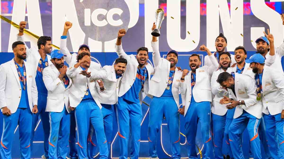 Dubai: Indian cricket team celebrate holding the trophy after their win against New Zealand in the ICC Champions Trophy 2025 final cricket match, in Dubai, UAE, Sunday, March 9, 2025. India won by 4 wickets to lift the ICC Champions Trophy 2025. (PTI Photo/ Arun Sharma)  (PTI03_09_2025_000656B)