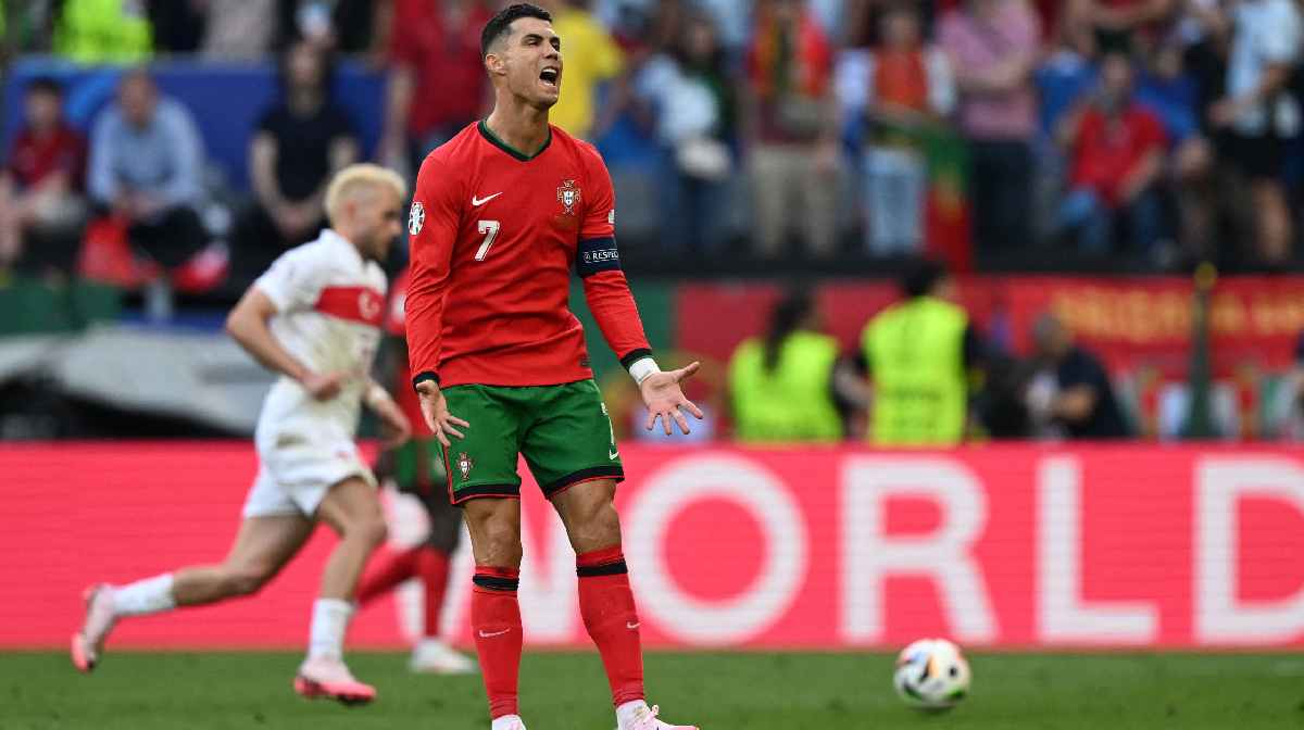 Portugal's forward #07 Cristiano Ronaldo reacts during the UEFA Euro 2024 Group F football match between Turkey and Portugal at the BVB Stadion in Dortmund