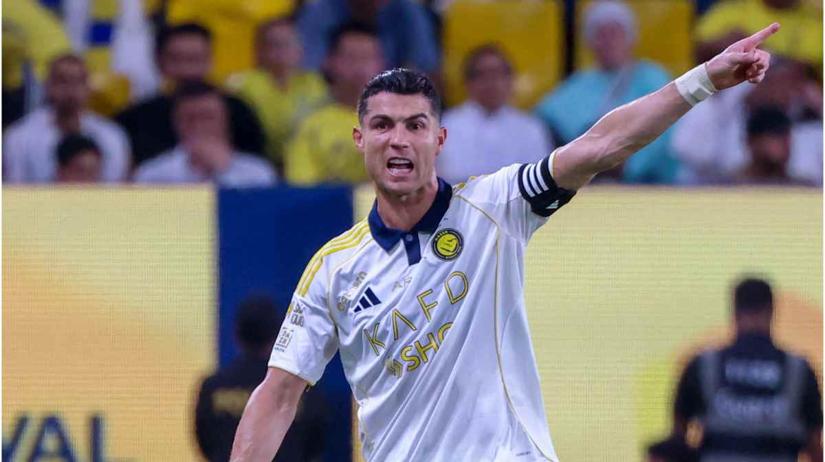 Nassr's Portuguese forward #7 Cristiano Ronaldo gestures during the Saudi Pro League football match between Al-Nassr and Al-Khaleej at Al-Awwal Park in Riyadh on May 21, 2025. (Photo by Fayez NURELDINE / AFP)