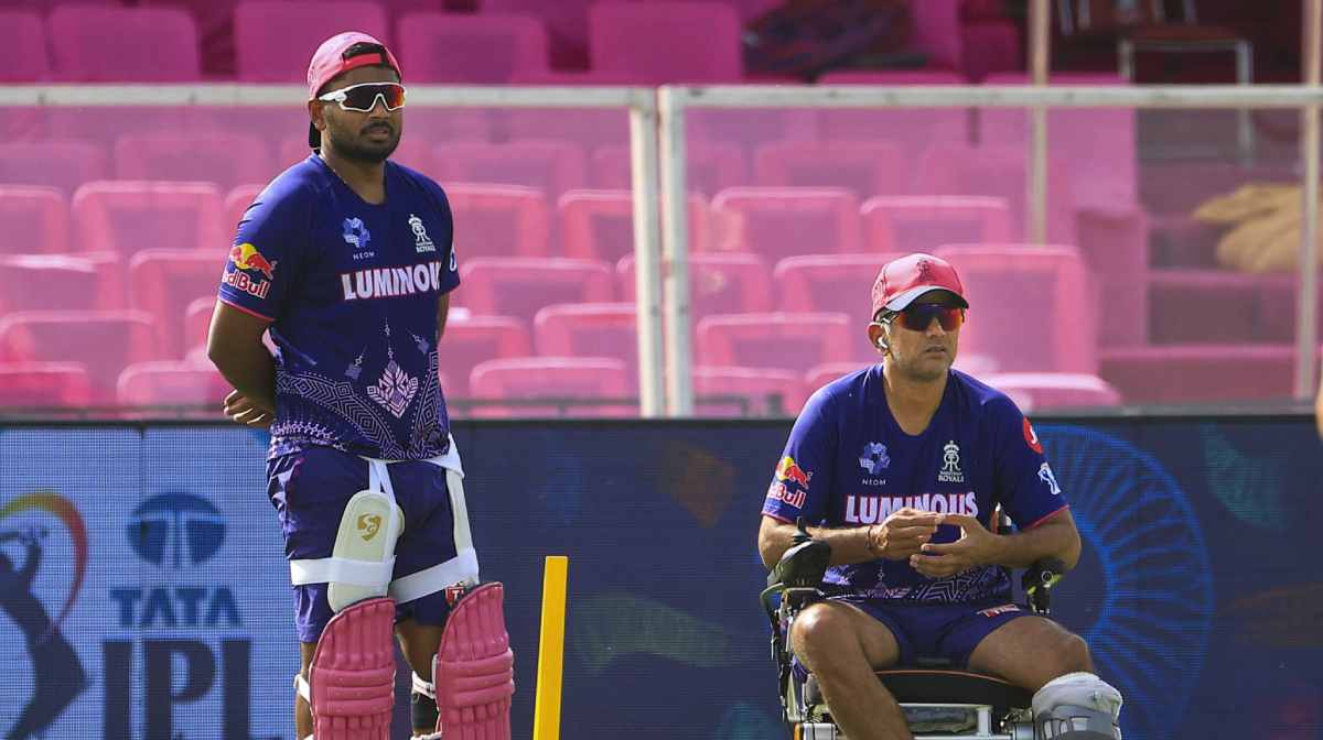 Jaipur: Rajasthan Royals captain Sanju Samson and coach Rahul Dravid during a training session ahead of the Indian Premier League (IPL) 2025 match between Rajasthan Royals and Royal Challengers Bengaluru, at Sawai Mansingh Stadium, in Jaipur, Saturday, April 12, 2025. (PTI Photo)(PTI04_12_2025_000219A)