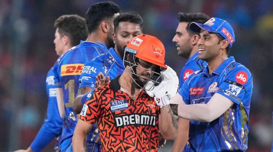 Sunrisers Hyderabad's Ishan Kishan walks off the field after losing his wicket during the Indian Premier League cricket match between Sunrisers Hyderabad and Mumbai Indians at Rajiv Gandhi International Cricket Stadium in Hyderabad, India, Wednesday, April 23, 2025. (AP Photo/Mahesh Kumar A.)