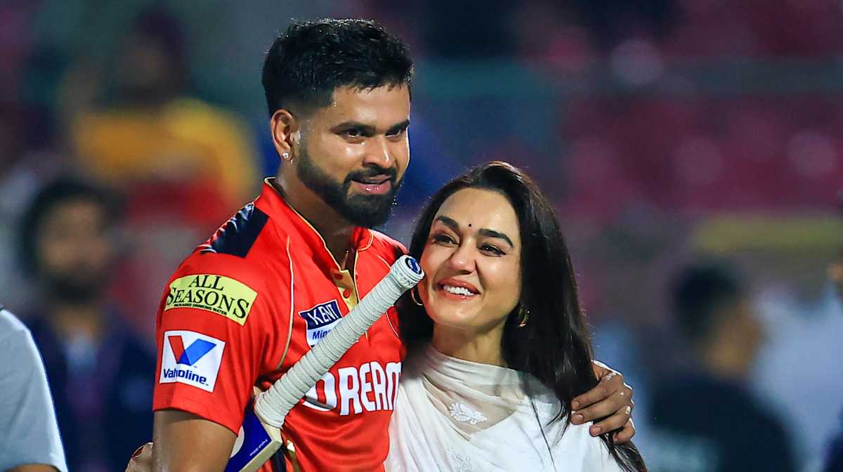 Jaipur: Punjab Kings' captain Shreyas Iyer greets team co-owner Preity Zinta after Punjab won the Indian Premier League (IPL) 2025 match against Mumbai Indians, in Jaipur, Monday, May 26, 2025. (PTI Photo)(PTI05_26_2025_000688B)