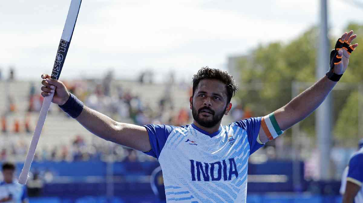 Harmanpreet Singh celebrates winning the match, Paris 2024 Olympics - Hockey - Men's Bronze Medal Match - India vs Spain
