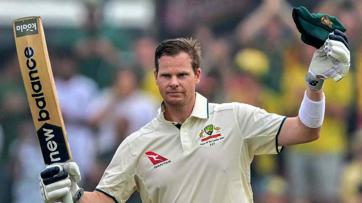 Australia's captain Steve Smith celebrates after scoring a century (100 runs) during the first day of the first Test cricket match between Sri Lanka and Australia at the Galle International Cricket Stadium in Galle on January 29, 2025. (Photo by Ishara S. KODIKARA / AFP)