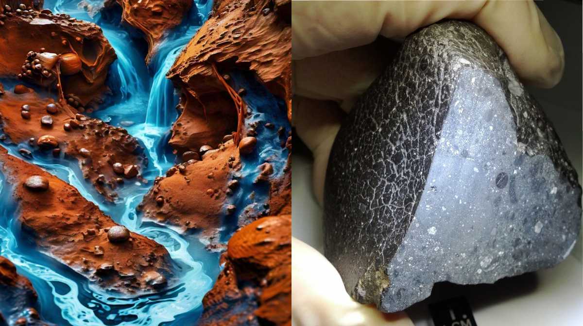 Water in Mars (AI Generated image) and 'Black Beauty' Mars Meteorite (NASA)