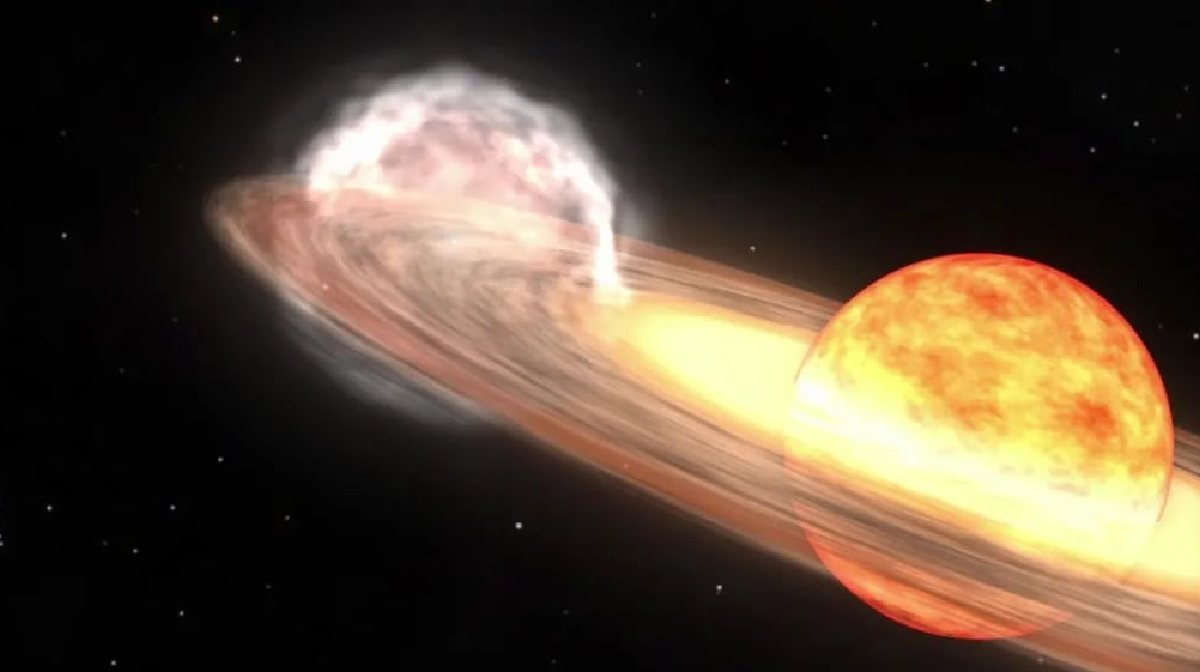 A red giant star and white dwarf orbit each other in this animation of a nova similar to T Coronae Borealis | Image Credit: NASA
