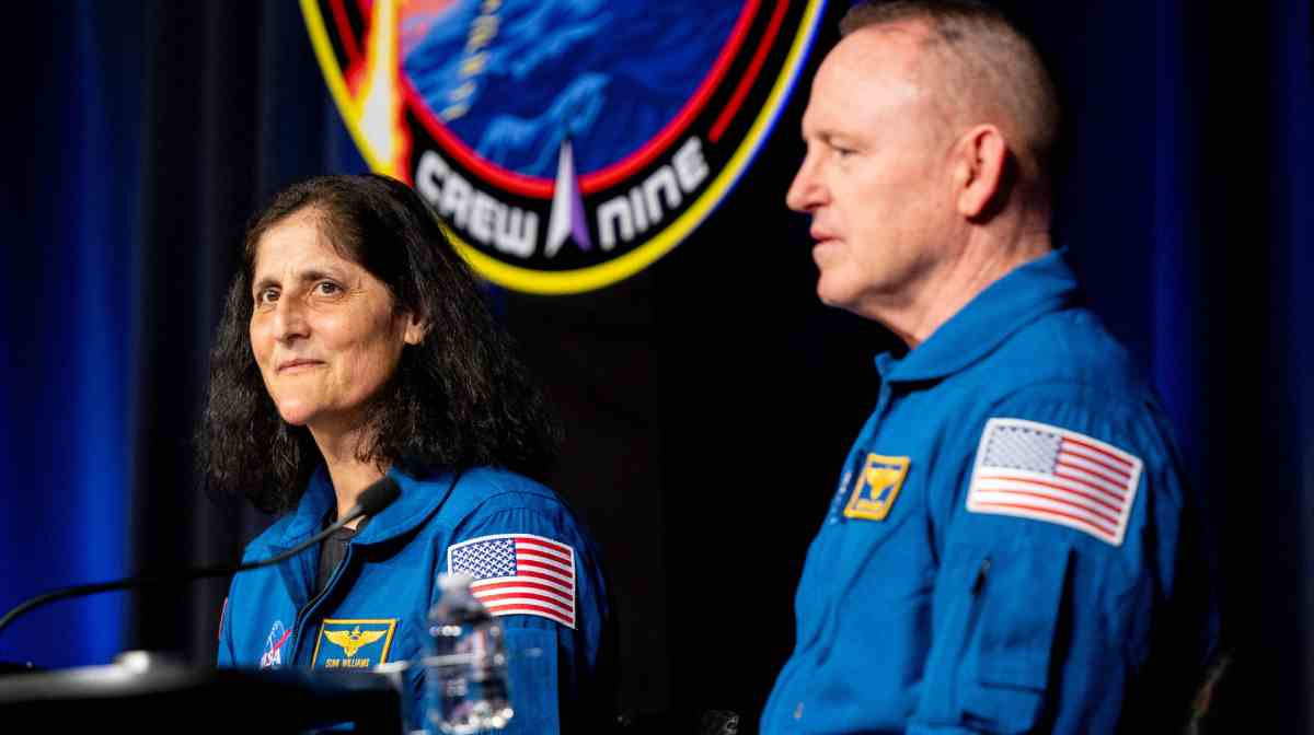 Astronauts Sunita "Suni" Williams, and Barry "Butch" Wilmore speak during a news conference at the NASA Johnson Space Center on March 31, 2025